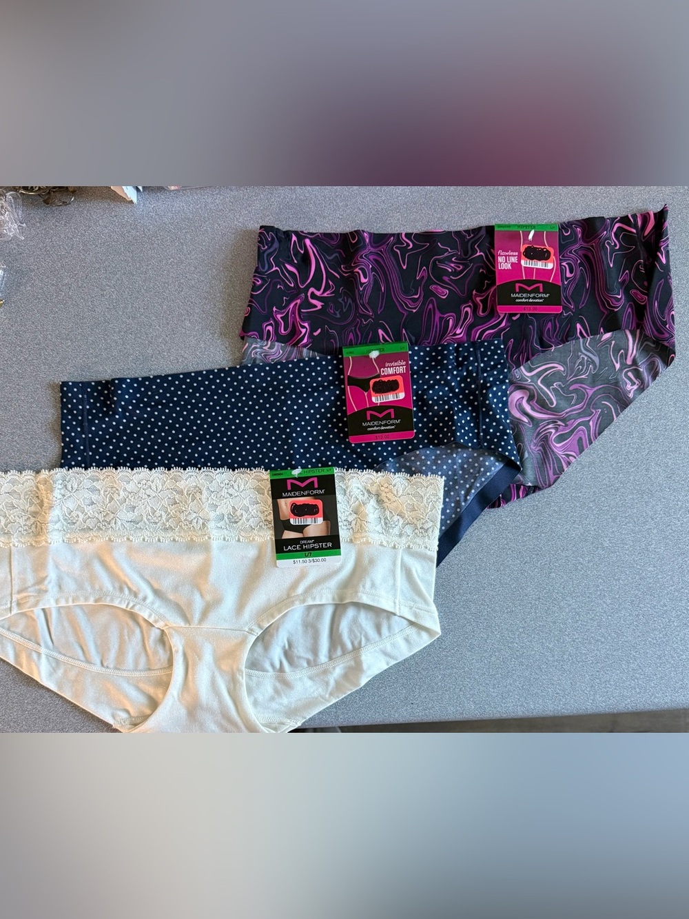 Maidenform 3-Pack Hipster Panties in Ivory, Navy Polka Dot & Black/Purple Swirl